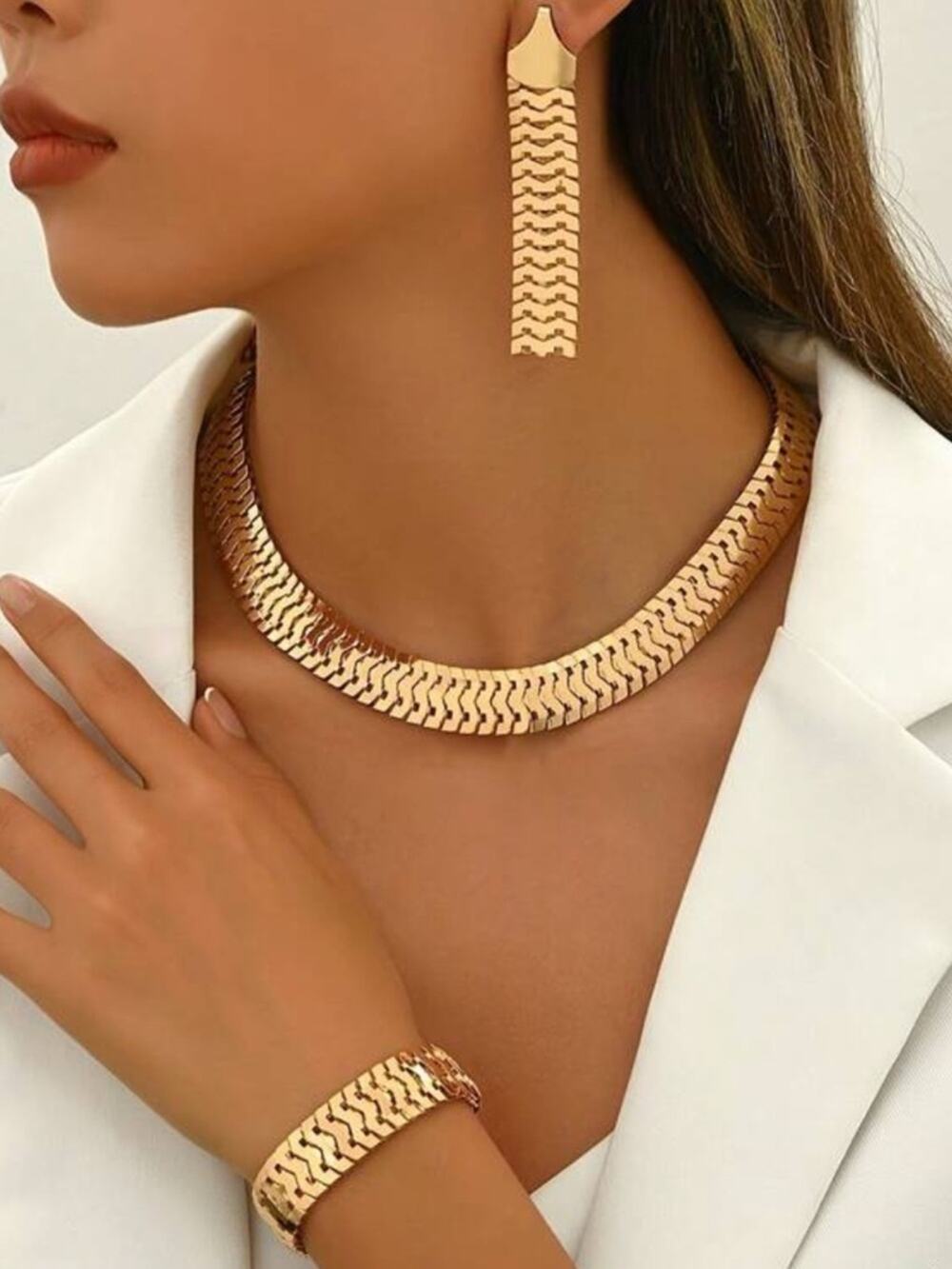 Stainless Steel Chunky Herringbone Set Gold & Silver Necklace Bracelet Earrings